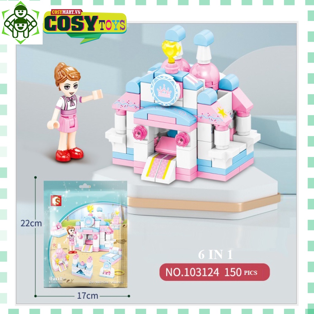 Đồ chơi lắp ghép xếp hình Lâu đài công chúa 6 in 1 với 150 mảnh ghép, mẫu lâu đài lớn và nhiều chi tiết cho bé