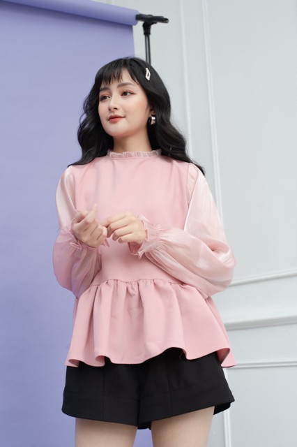 Áo peplum tay phối kính lụa organza