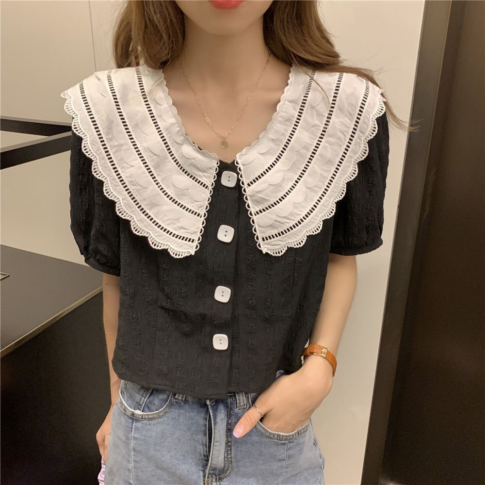 Áo Kiểu Tay Phồng Ngắn Cổ Peter Pan Phối Ren Phong Cách Retro Pháp Thời Trang Mùa Hè Cho Nữ