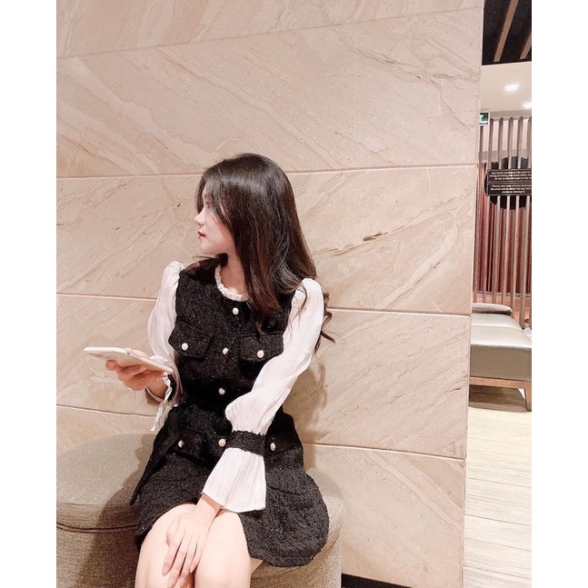Váy dạ tweed phối sơ mi