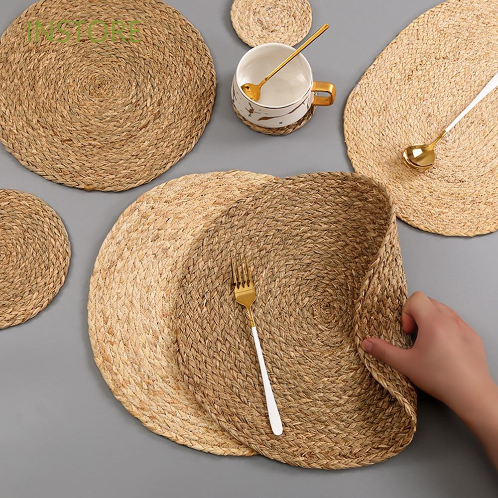 INSTORE Corn Hull Placemat Weave Home Decor Coaster Heat Insulation Kitchen Dinner Round Table Mats Handmade Table Pads