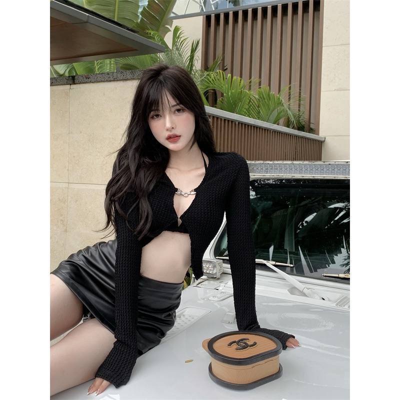 Set Áo Cardigan Ngắn Tay Dài + Chân Váy Xẻ Tà Thời Trang Cho Nữ