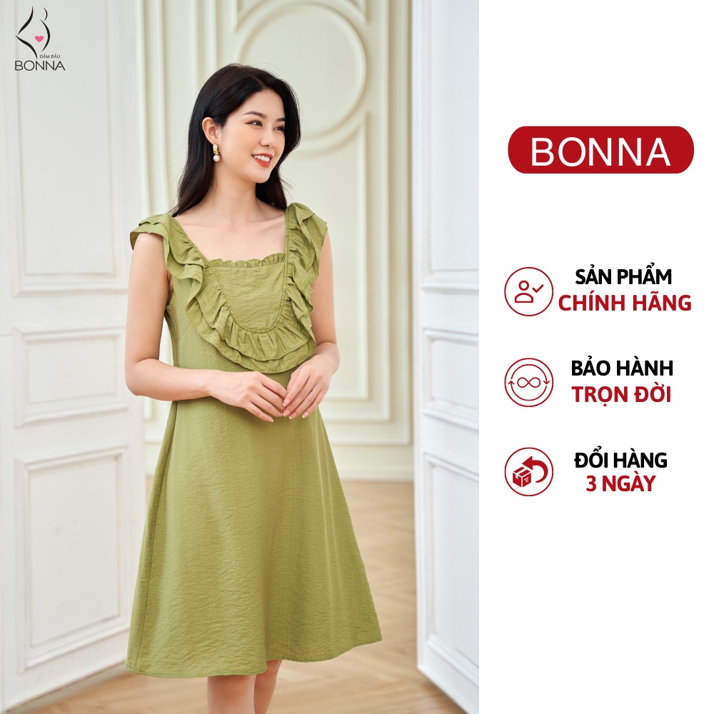 Váy bầu mùa hè BONNA dáng suông phối bèo ngực nữ tính, chất liệu đũi cao cấp, dây lưng buộc kiêu kỳ, mặc đi chơi VS199