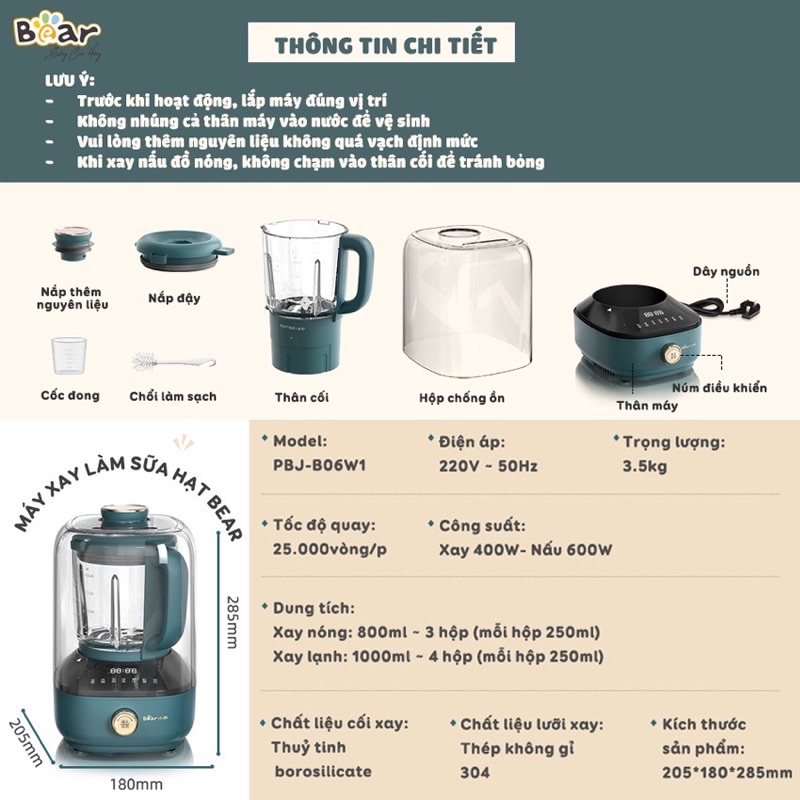 Máy làm sữa hạt Bear B06W1 chống ồn cao cấp- xay nấu đa năng bảng điều khiển điện tử