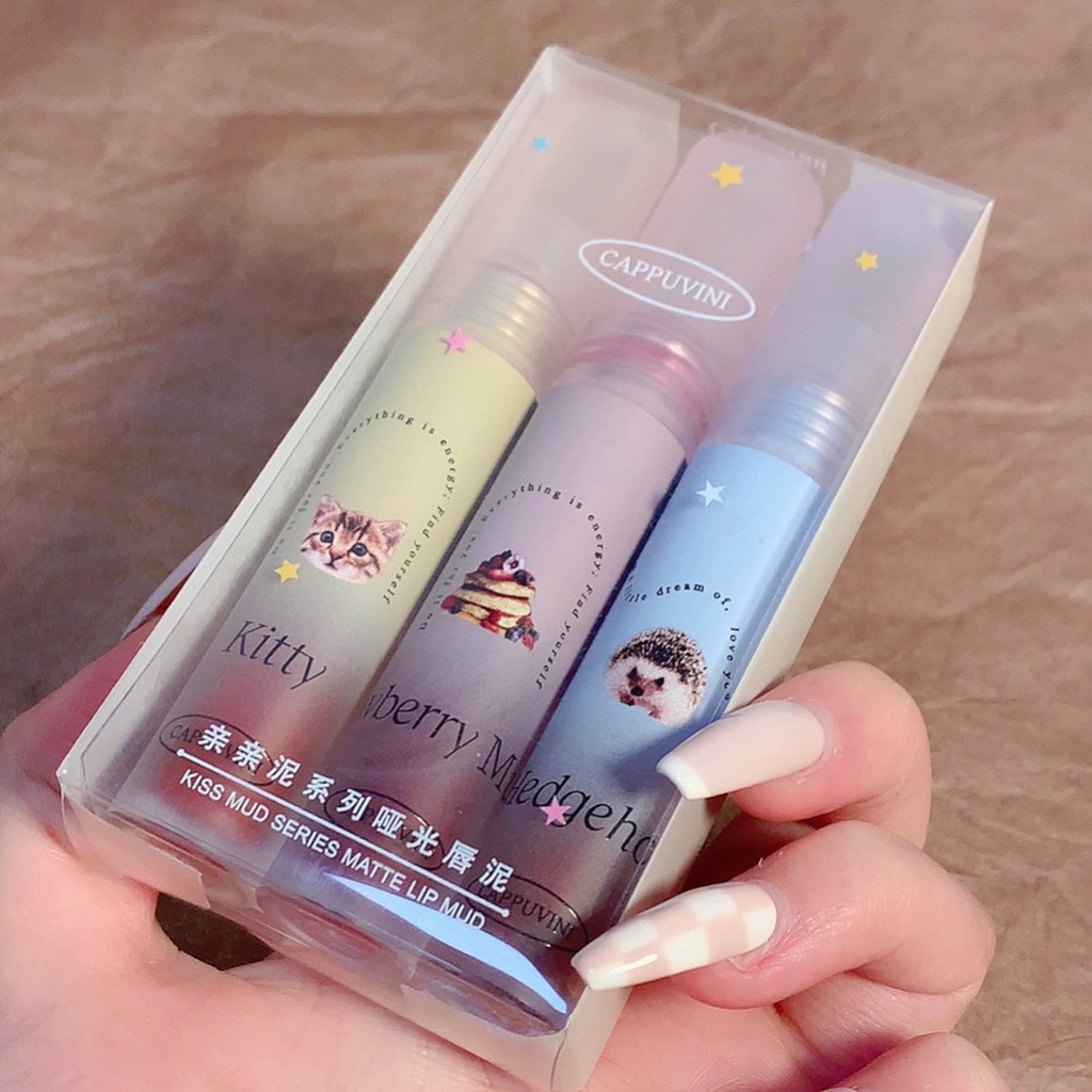 Set 3 Son Kem Lì Kháng Nước Họa Tiết Hoạt Hình Dễ Thương Thương Hiệu Cappuvini