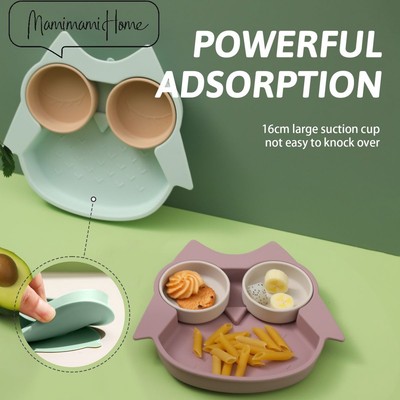 Đĩa silicon cho bé BPA Free Cartoon Owl Thiết kế chia đôi với thiết kế hút thức ăn cho trẻ mới biết đi