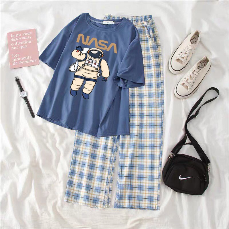 Sét Áo phông N.S + quần kẻ, Áo thun from rộng, Chất đẹp không xù, quần suông ống rộng, Sét bộ mặc ở nhà - MODY
