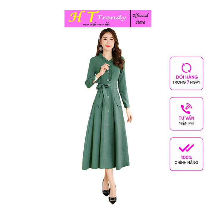 Váy Dự Tiệc Đầm Công Sở Thời Trang Thiết Kế Cao Cấp HT TRENDY Dáng Xòe Dây Đai Thắt Nơ Eo Cotton