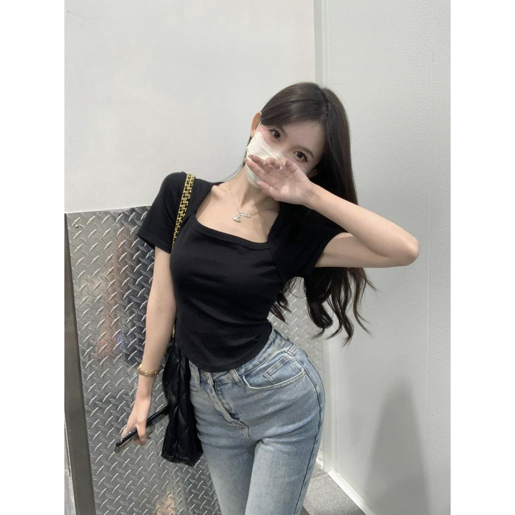 Áo Thun Cotton Cổ Vuông Ngắn Tay Dáng Ôm Thời Trang Cho Nữ 62661