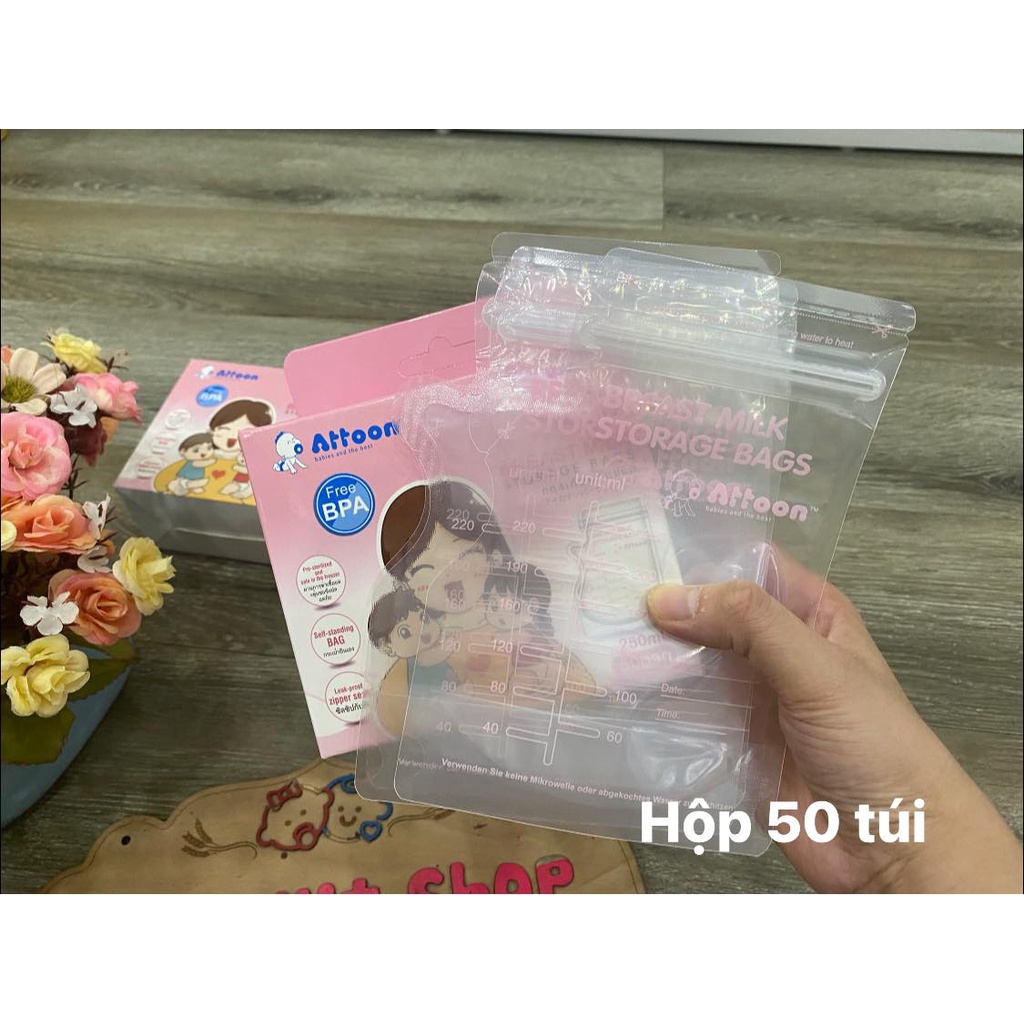 [2 Khoá Zip + Vòi rót] Hộp 50 túi trữ sữa Thái Lan ATTOON  250ml