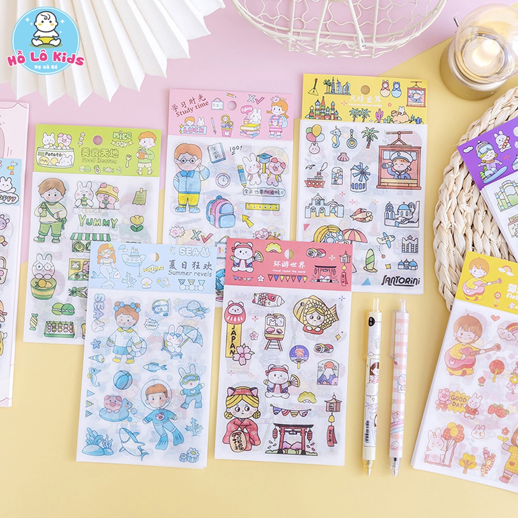 Sticker Cute cô gái, chú bé dán trang trí sổ tay điện thoại quà tặng học sinh Hồ Lô Kids