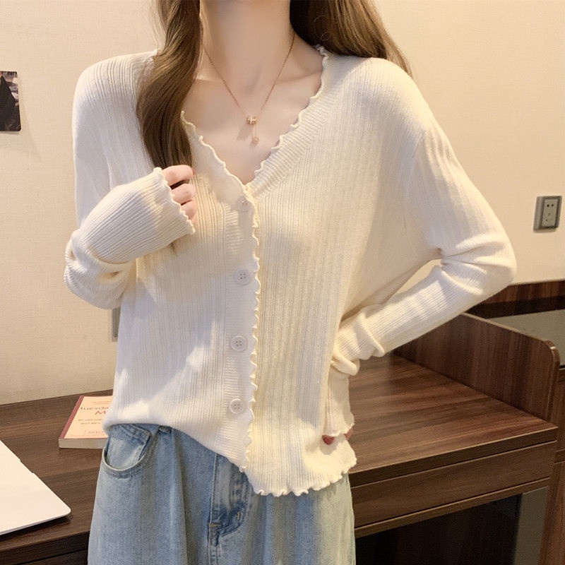 K Áo Khoác Cardigan Dệt Kim Tay Dài Dáng Ôm Cổ Chữ v Viền Nấm Phong Cách Mùa Thu Mới Dành Cho Bạn Nữ