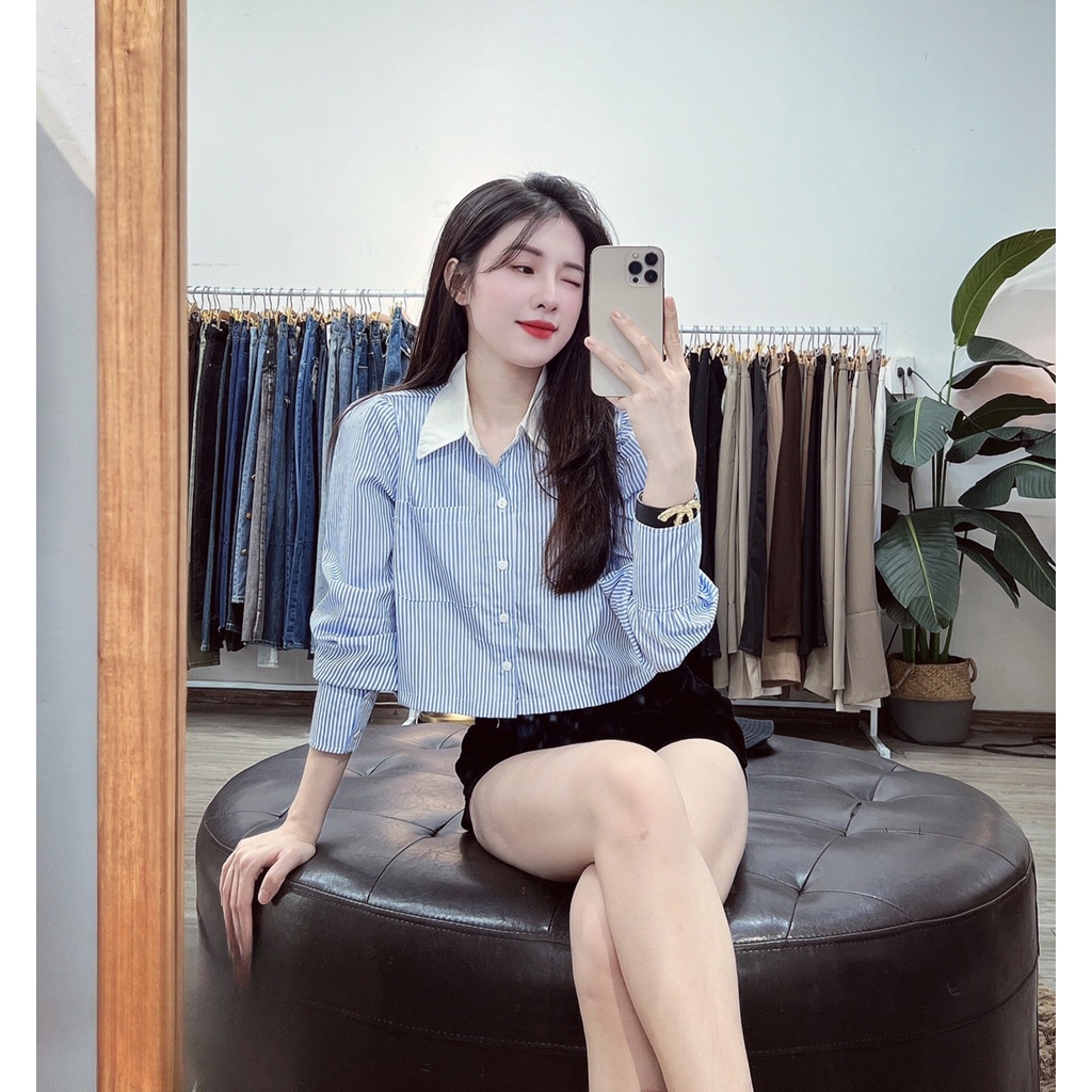 Áo sơ mi croptop màu xanh kẻ mix cổ trắng dáng ngắn thời trang AURORA
