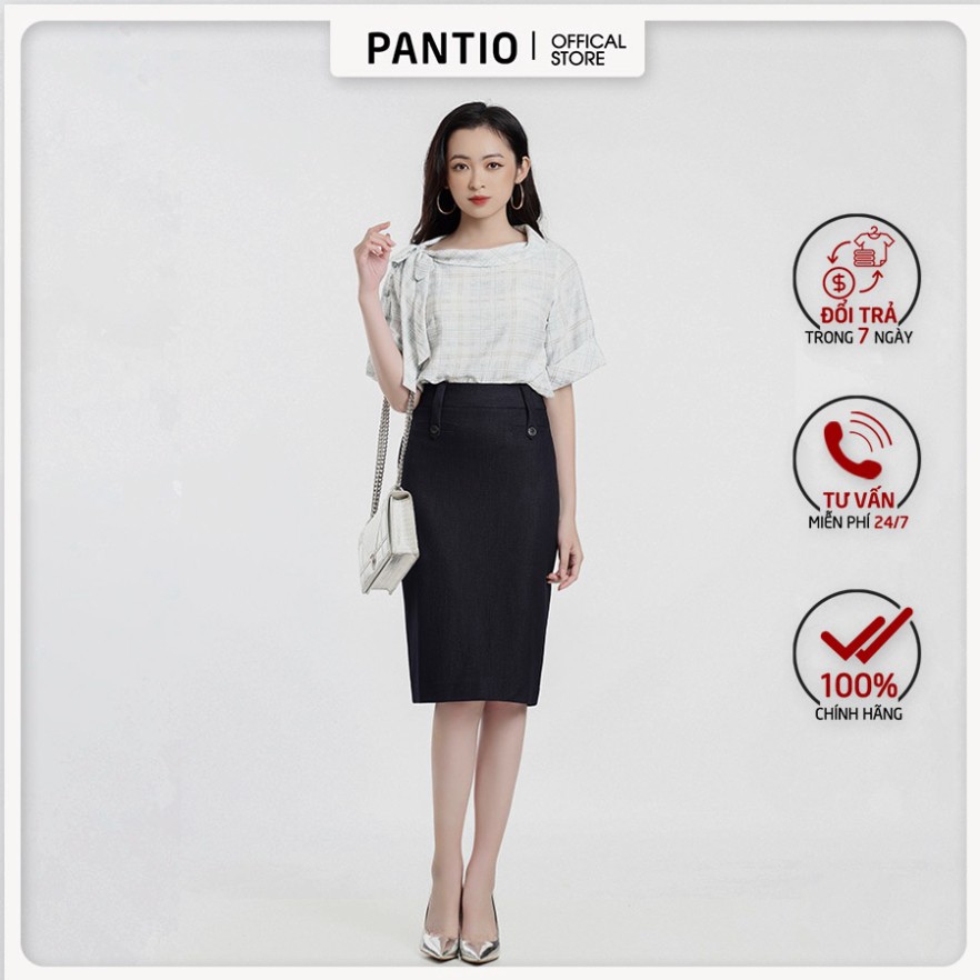 Áo sơ mi nữ kẻ ô cổ rộng thắt nơ FAS12527 - PANTIO