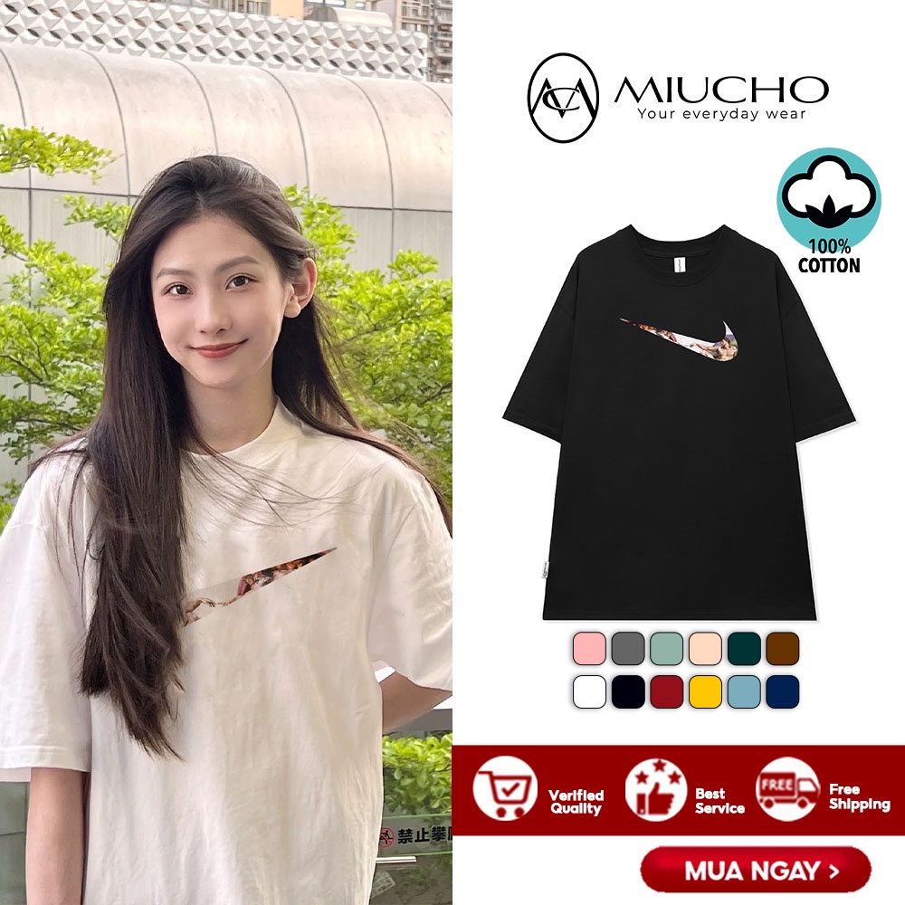 Áo thun nữ form rộng đẹp tay lỡ kiểu hàn quốc, áo phông nữ form rộng unisex vải cotton AT113 Miucho in logo