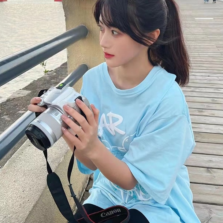 Áo thun ZHELIHANGFEI ngắn tay dáng rộng in hình gấu phong cách Preppy dễ phối đồ