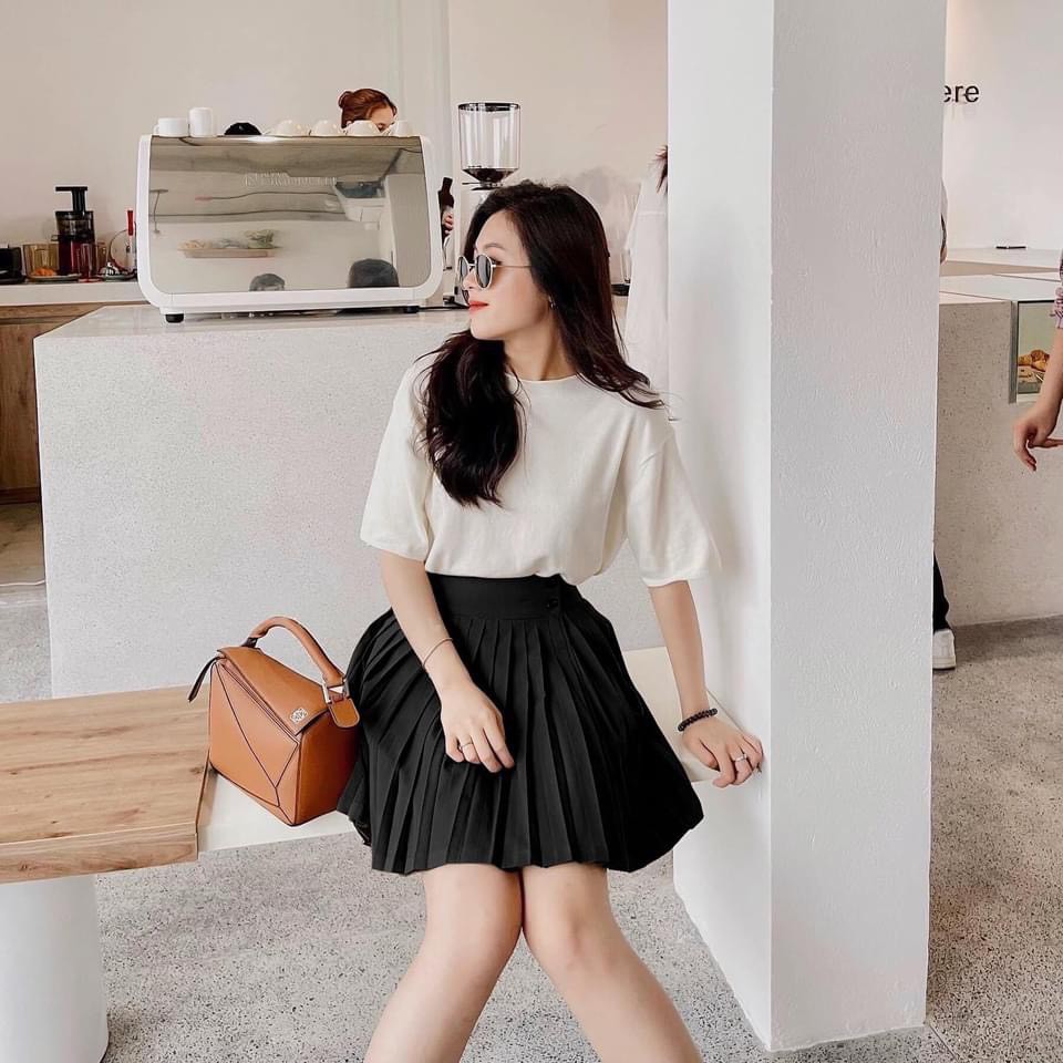 Chân váy xếp ly 2 cúc bên dáng chữ a lưng cao phong cách tennis xòe kiểu xếp li ngắn thời trang