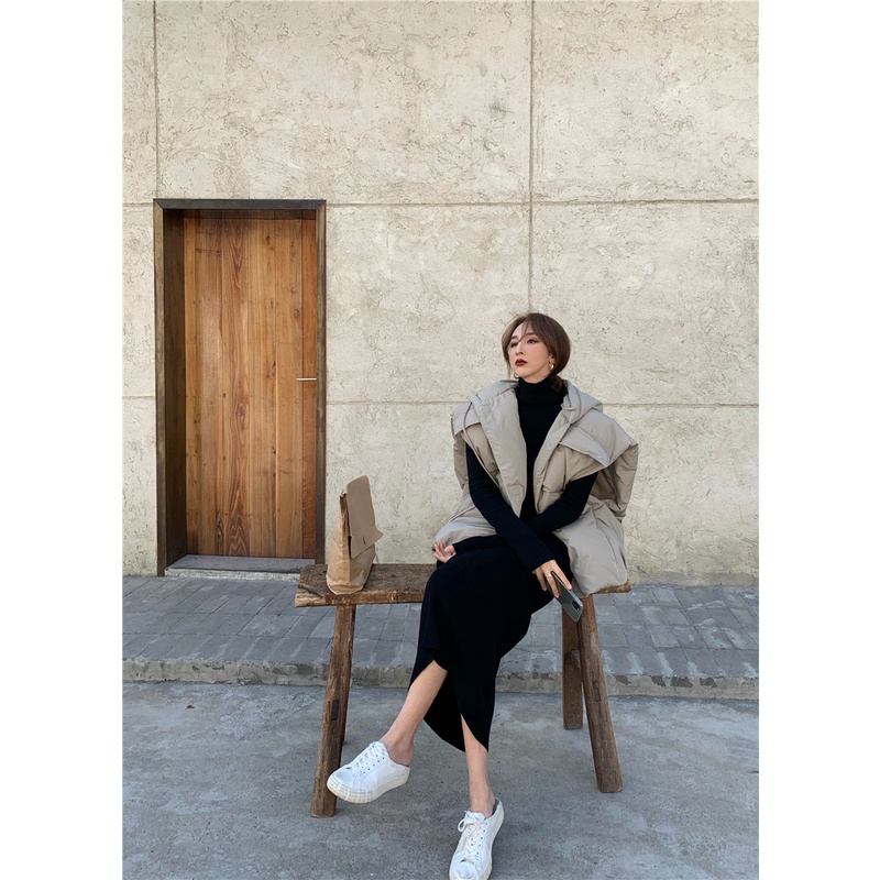 Áo khoác cotton không tay có mũ trùm đầu cổ đứng dáng rộng/Đầm dài dệt kim phong cách Hàn Quốc thời trang | BigBuy360 - bigbuy360.vn