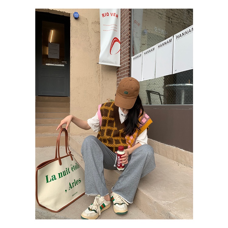 MỚI Áo len không tay cổ chữ V họa tiết caro cổ điển