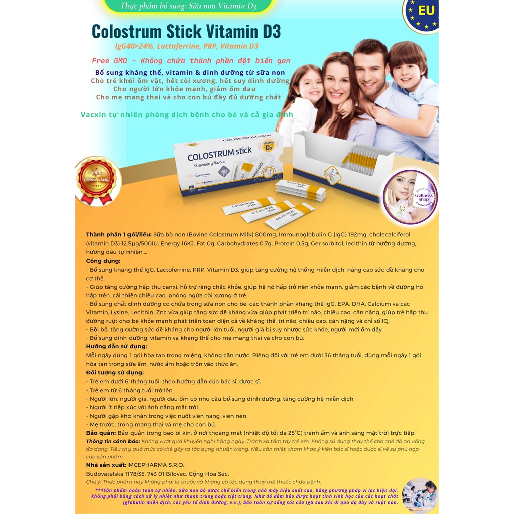 Sữa non Vitamin D3 (Colostrum Milk) - không kháng sinh - bổ sung dinh dưỡng, đề kháng, vitamin cho bé, cả nhà 30gói/hộp