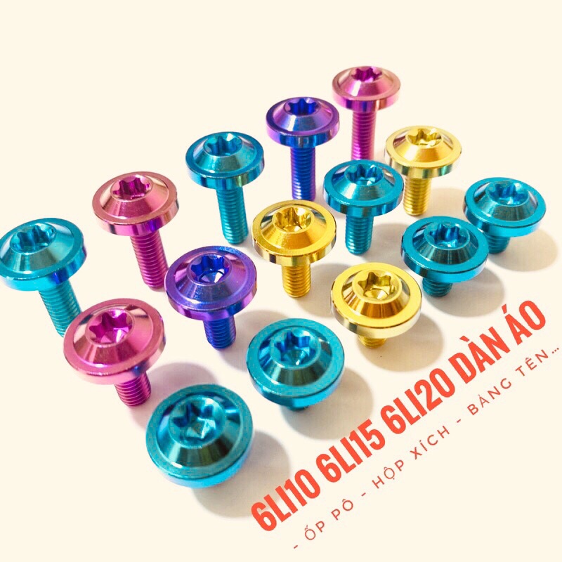(Chuẩn Gr5) Ốc titan 6li10 6li15 6li20 đầu dù to dày gắn dàn áo ốp pô hộp xích bảng tên