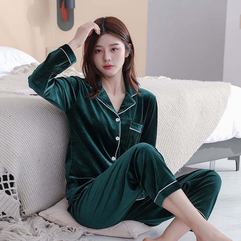 Bộ đồ ngủ tay dài bằng nhung cao cấp thời trang xuân thu cho nữ