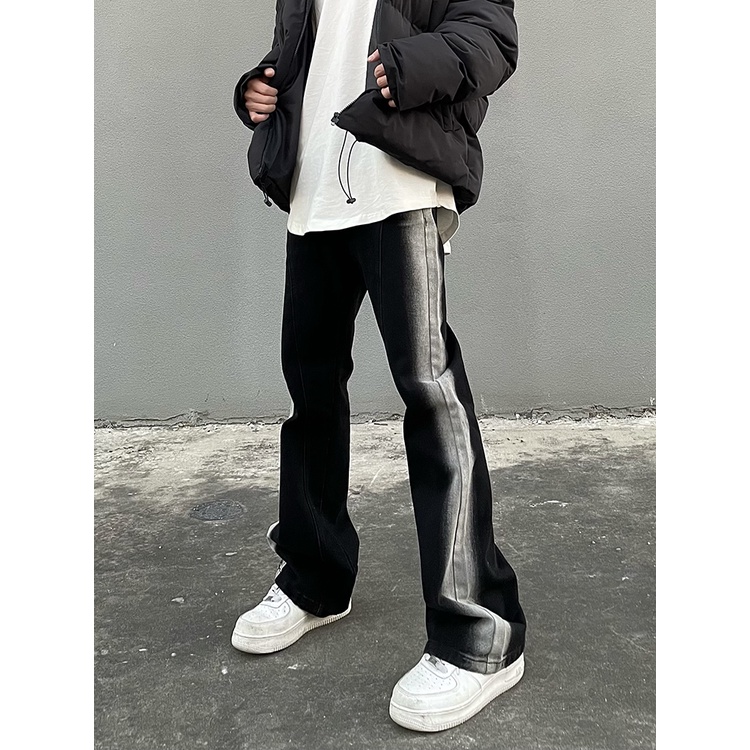 High Street Black Gradient Jeans của nam giới Phong cách Vibe Thiết kế thẳng Quần dài đơn giản Micro-Flare