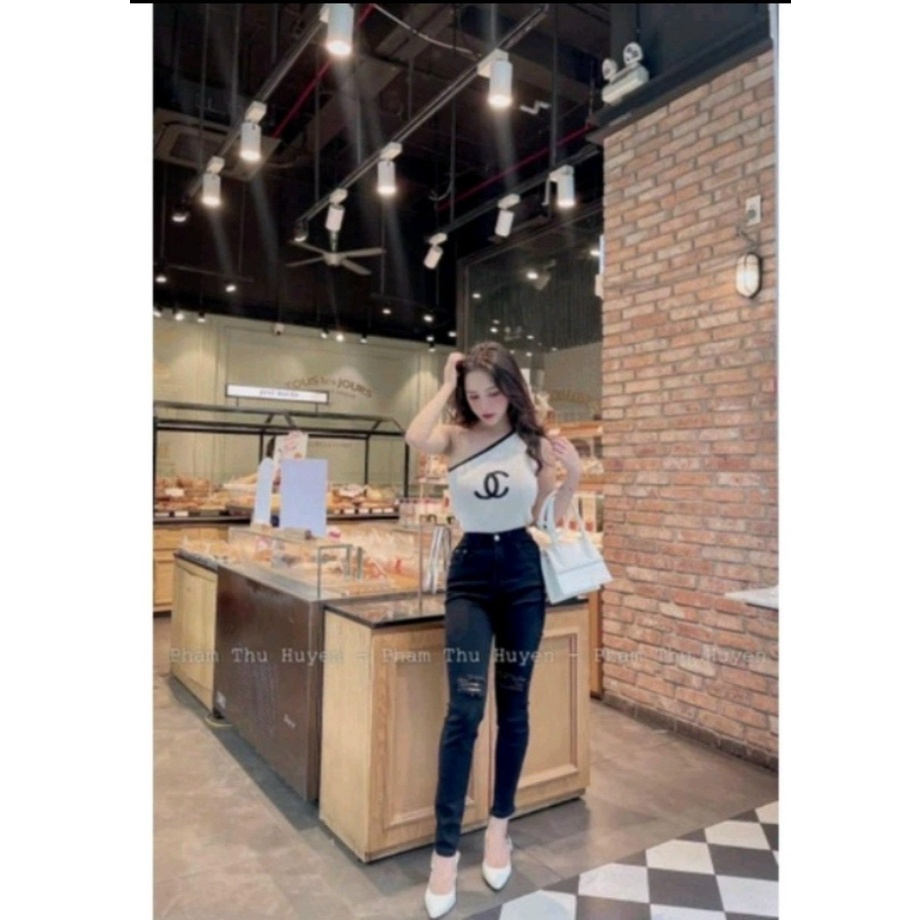 Áo kiểu lệch vai viền màu in logo chà neo cực hot , chất thun gân mềm mịn ly