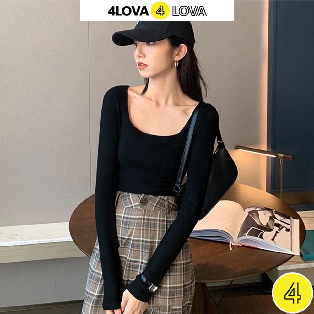 Áo thun nữ dài tay cổ vuông 4LOVA dáng ôm body chất cotton co giãn cao cấp mềm mại | BigBuy360 - bigbuy360.vn