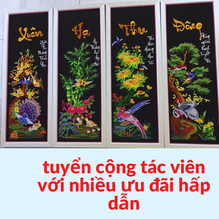 Tranh thêu vi tính tứ quý thành phẩm,bộ 4 bức tranh tứ quý treo tường thêu sẵn chỉ lụa