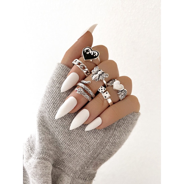 Set 6 nhẫn màu bạc kiểu dáng đa dạng phong cách gothic vintage hip hop cho nam và nữ