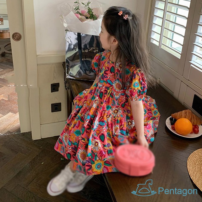 Đầm Công Chúa Dáng Rộng Tay Phồng Cổ Tròn Thoáng Khí Thân Thiện Với Da Thời Trang Cho Bé Gái