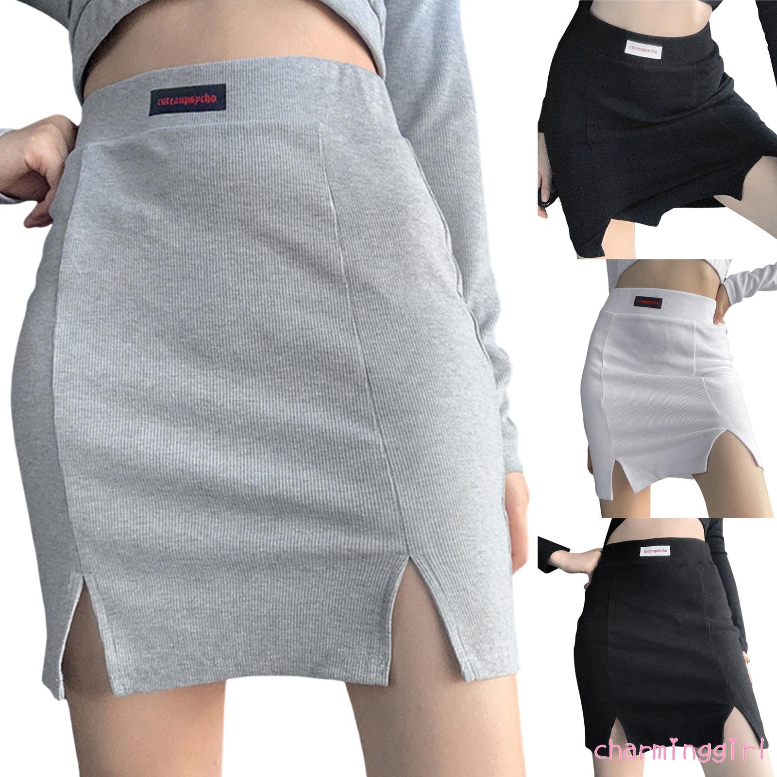 QAQ-Women Summer Miniskirt, Letters Print Ribbed High-Waist Slim Short Skirt with Slits for Girls | BigBuy360 - bigbuy360.vn