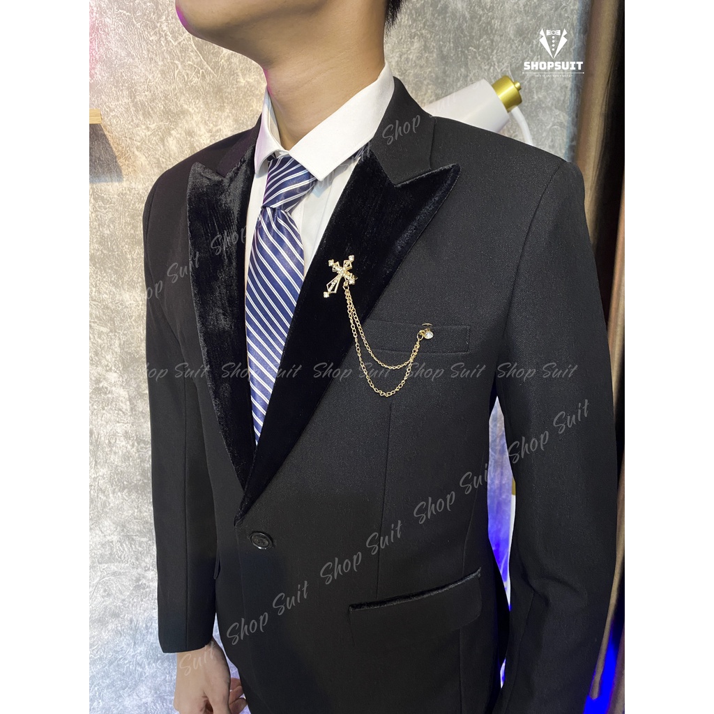 Bộ Vest đen phối cổ Nhung phong cách Hàn Quốc lịch lãm,trẻ trung-Shop Suit