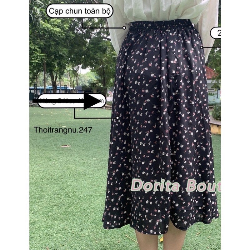 Chân váy hoa nhí dáng dài xoè 2 màu đen trắng