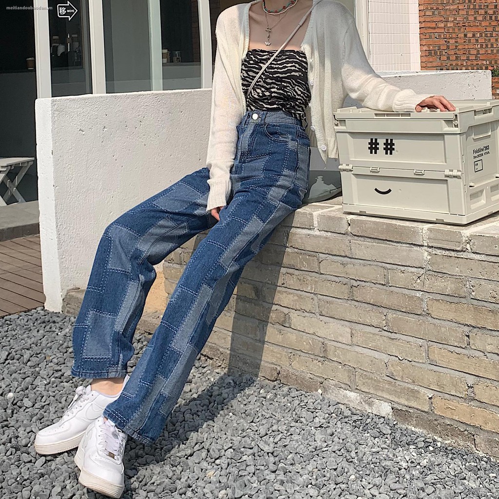 ⊕✎Plaid patch loose high waist wide leg pants jeans women 2021 new design sense street personality trend