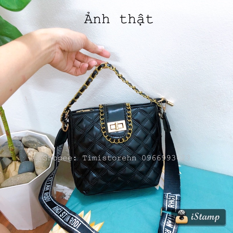Túi đeo chéo nữ khoá xoay trần trám phối xích da mềm dây bản to rẻ đẹp thời trang TIMISTOREHN TN061