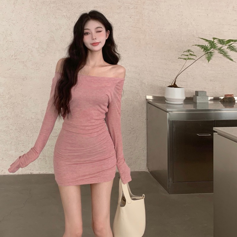 ZHELIHANGFEI Đầm Dệt Kim Tay Dài Một Bên Vai Nhấn Eo Thời Trang Cho Nữ