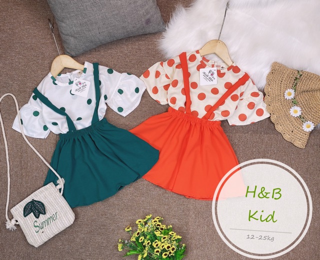 Set váy yếm chấm bi