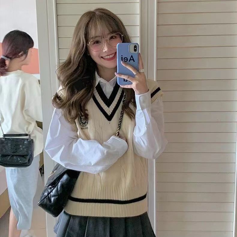 Áo sweater JSC tay dài dáng rộng cổ chữ V màu tương phản phong cách Hàn Quốc dành cho nữ