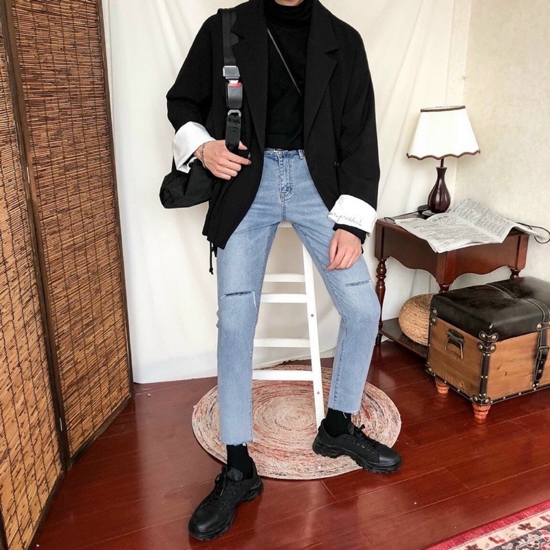 QUẦN JEANS SKINNY XANH CO DÃN RÁCH GỐI CẮT LINE (có hình chụp thật)