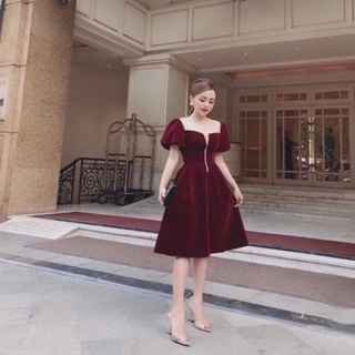 đầm xoè nhung đỏ phối lưới đính Ngọc Đan lưng, dài 100cm, bigsize