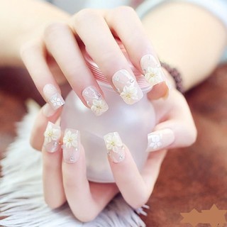 Bộ 24 Móng Tay Giả Thời Trang Màu Hồng Đính Hoa Cho cô dâu Tặng Keo, Dũa MS01