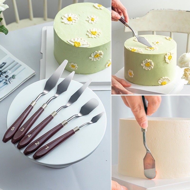 Bộ 5 dao chà láng mini cán gỗ dùng trang trí bánh kem, fondant cao cấp