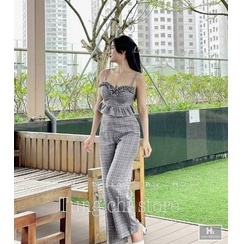 SET ĐỒ NỮ 2 DÂY PHỐI BÈO NHÚN NGỰC QUẦN DÀI HỌA TIẾT KẺ SỌC CARO