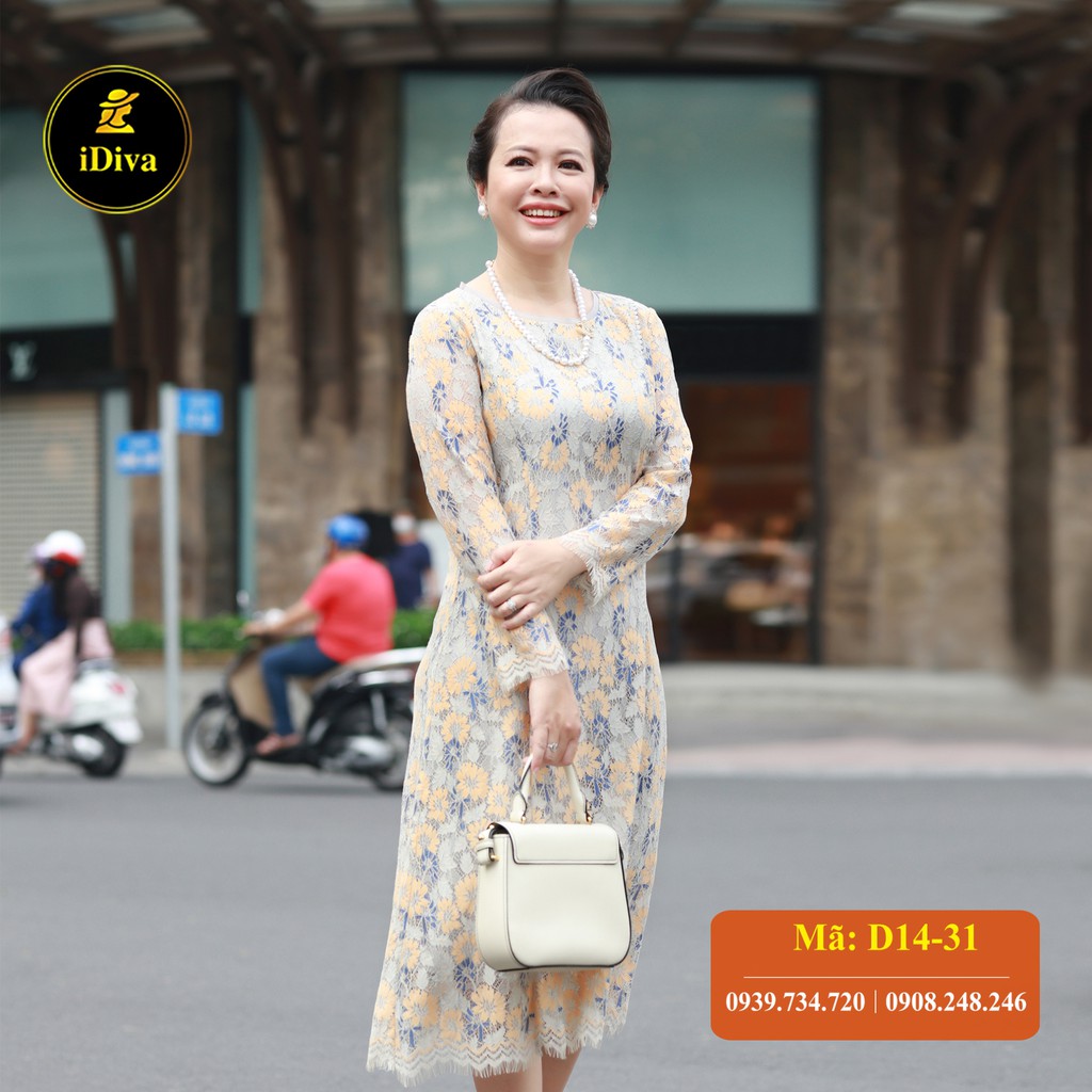 Đầm suông trung niên iDiva D14-31 chất liệu ren cao cấp, bigsize phù hợp u50 dự tiệc & du lịch