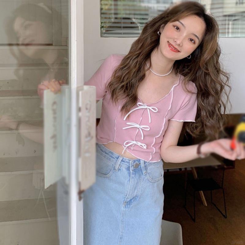 Áo Croptop Dệt Kim Tay Ngắn Cổ Tròn Phối Nơ Phong Cách Hàn Quốc Cho Nữ
