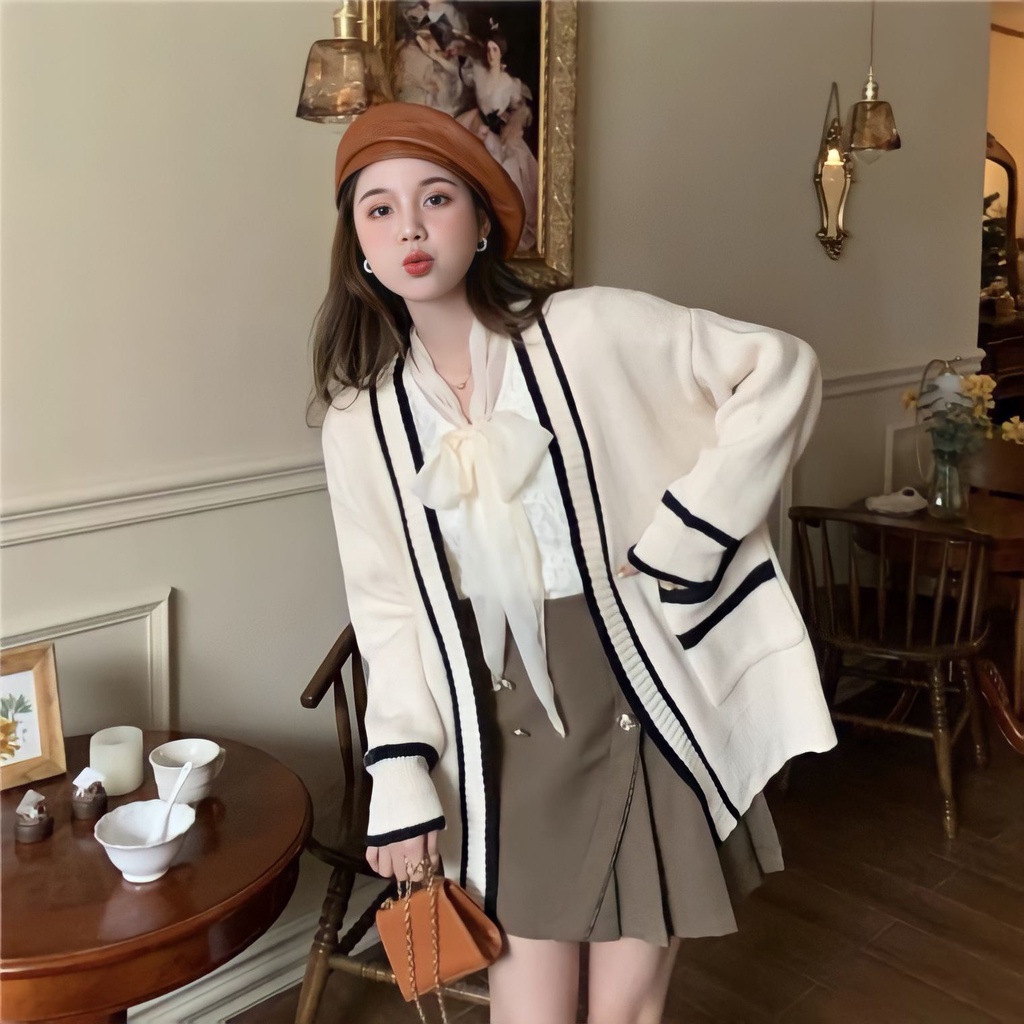 Áo Cardigan Len Nữ Chạy Sọc Túi Trước Dài Tay Dáng Rộng 2 Màu