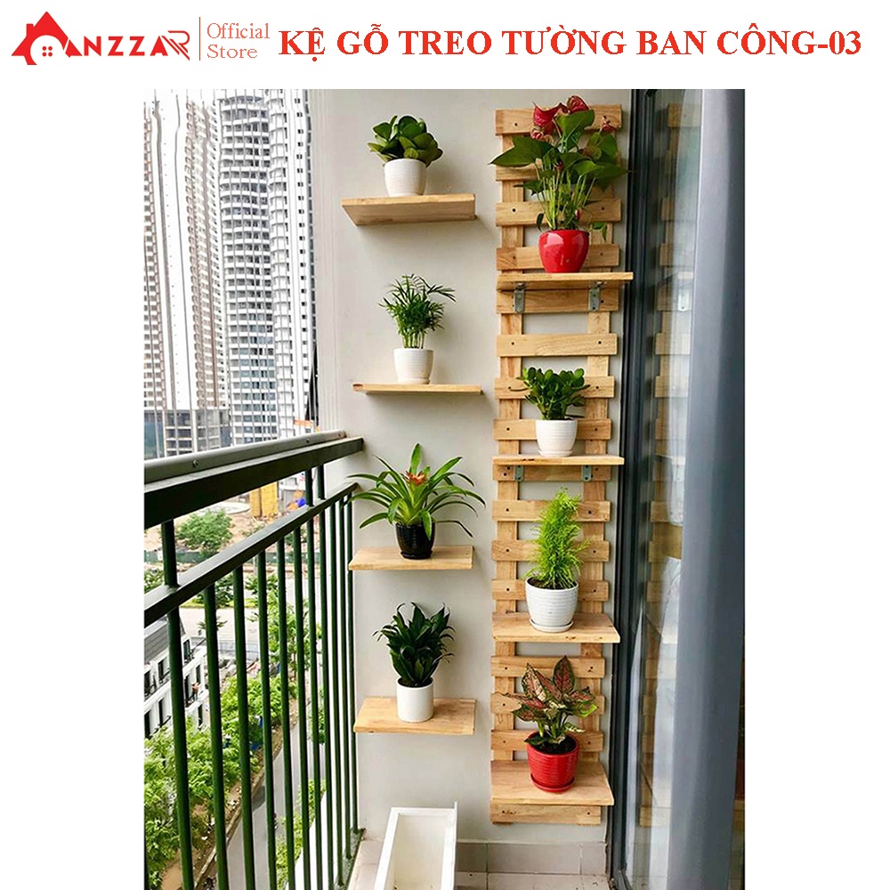 Kệ gỗ treo tường ban công Anzzar nhiều kích thước, gỗ thông nhập khẩu để chậu hoa, cây cảnh trang trí nhà cửaKBC-03