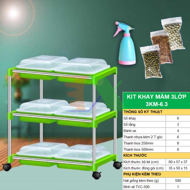 Bộ kit Khay trồng rau mầm thủy canh 3 lớp 3KM-6.3, Gồm Khay, Giá đỡ, Bình xịt, Hạt giống